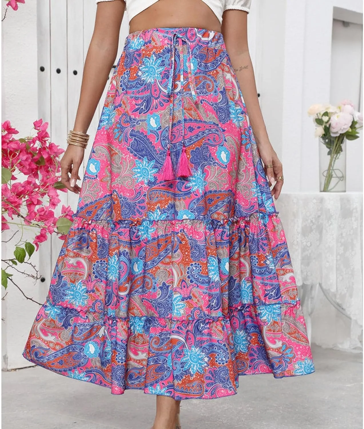 Beach Vacation Clothes for Women Summer Loose Casual Trendy Vintage Floral Printed Elastic Waist Boho Skirts, S-XL