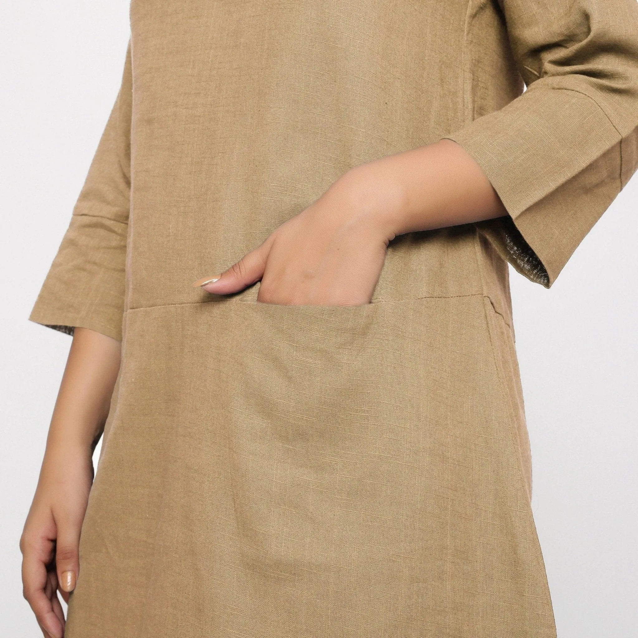 Beige 100% Cotton Round Neck Short Tunic Dress