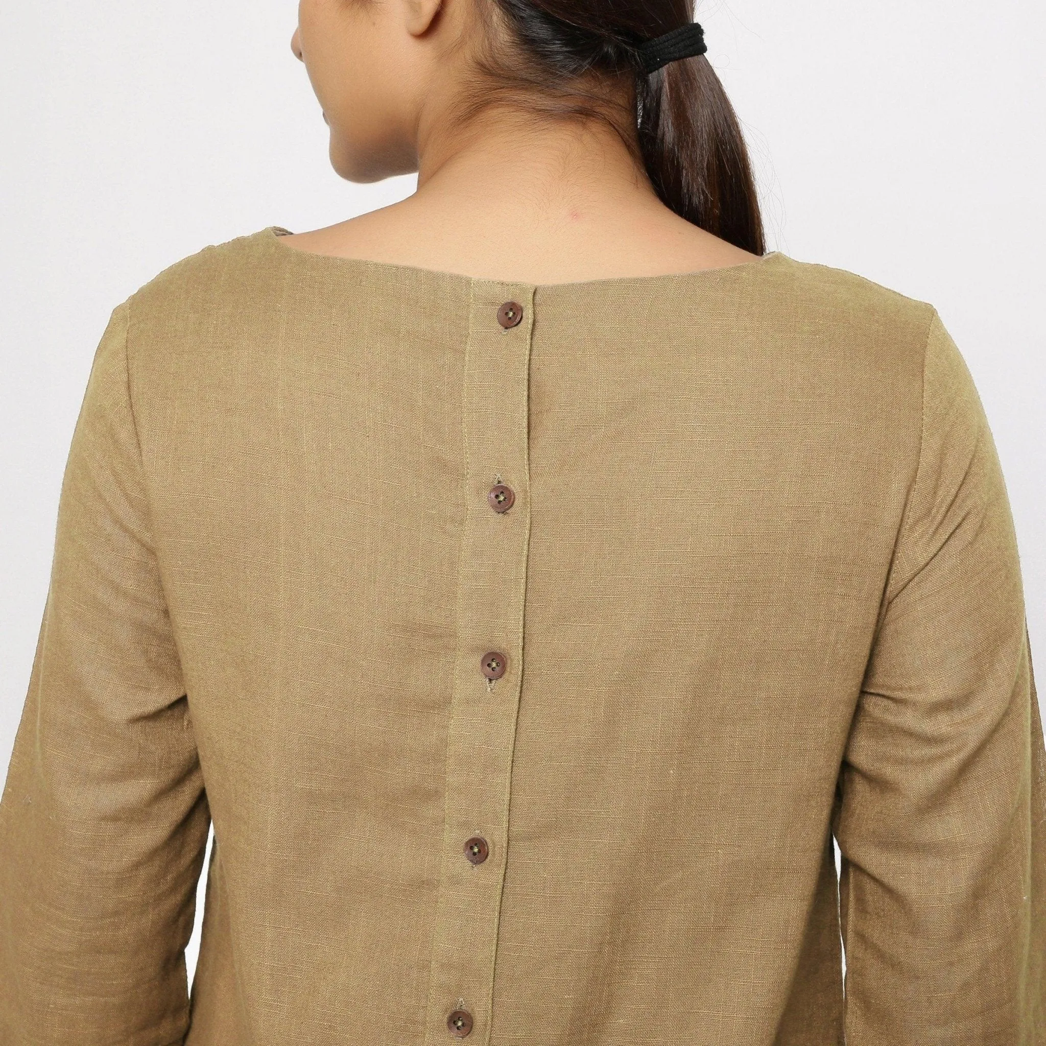 Beige 100% Cotton Round Neck Short Tunic Dress