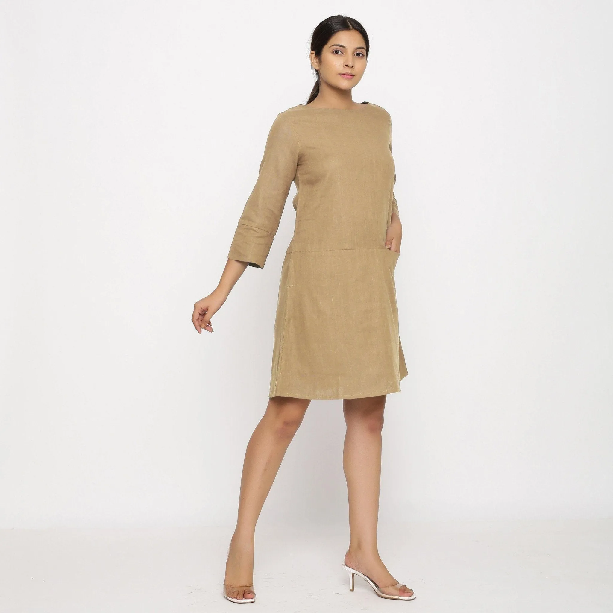 Beige 100% Cotton Round Neck Short Tunic Dress