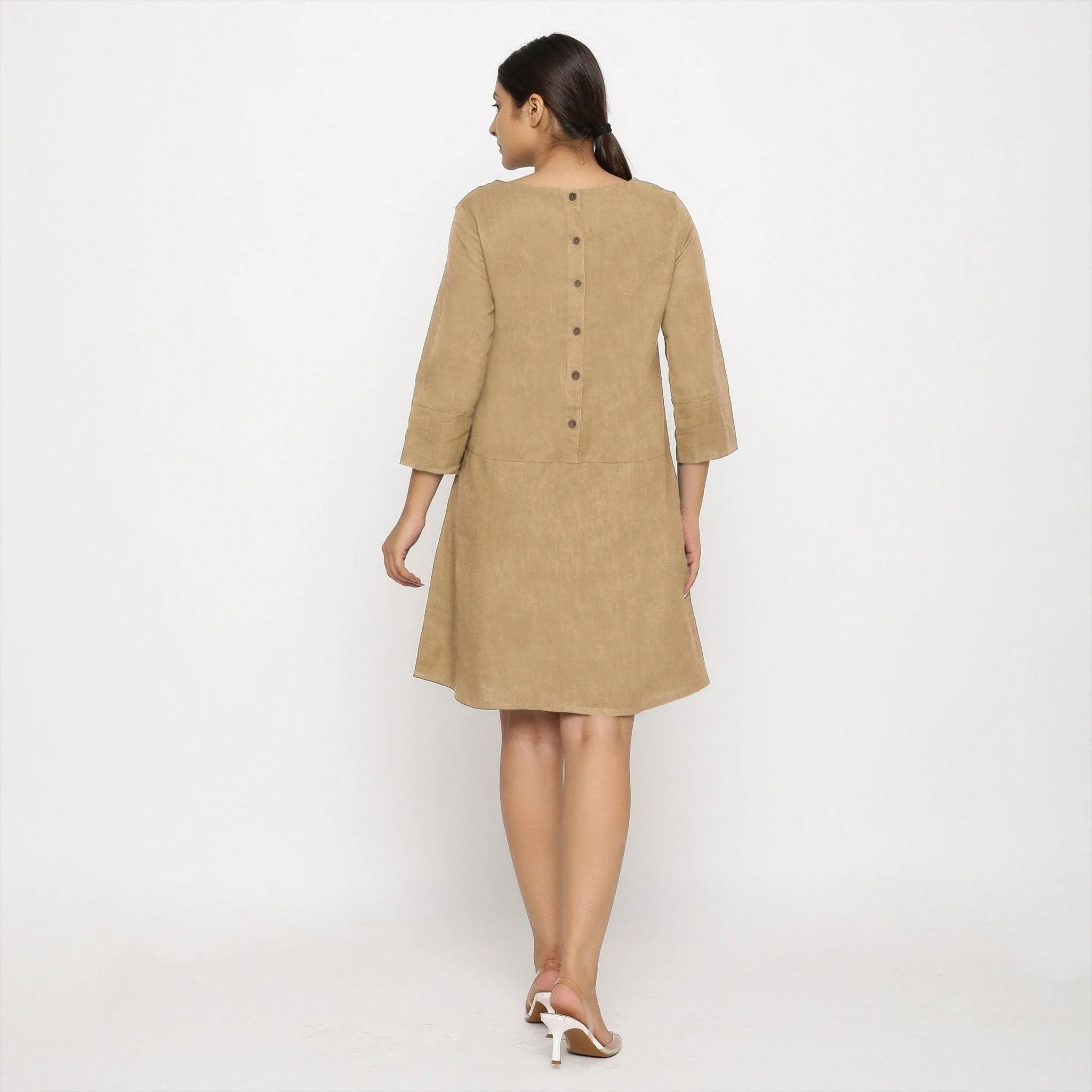 Beige 100% Cotton Round Neck Short Tunic Dress