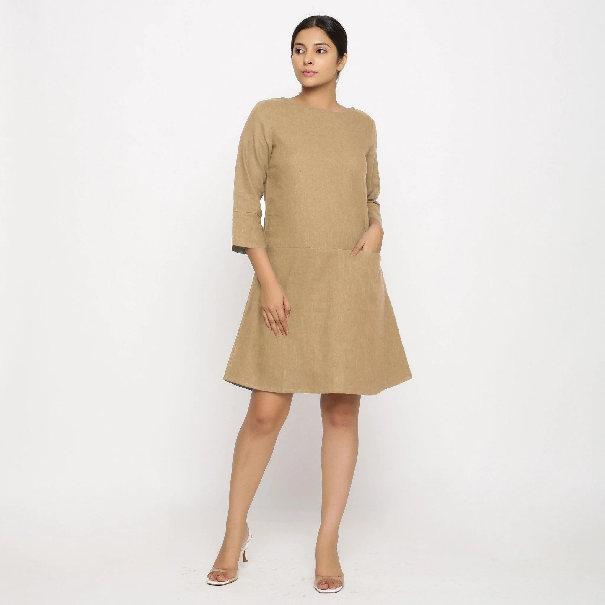 Beige 100% Cotton Round Neck Short Tunic Dress