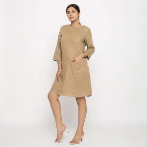 Beige 100% Cotton Round Neck Short Tunic Dress