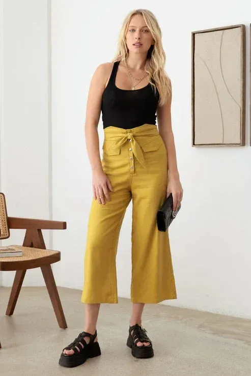 BELTED ASYMMETRIC WAISTBAND SNAP BUTTON PANTS