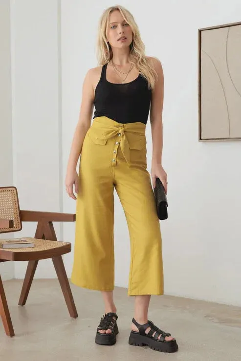 BELTED ASYMMETRIC WAISTBAND SNAP BUTTON PANTS