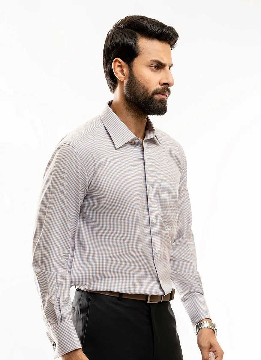Blue & Brown Checks on White Base, Supernova Gold, Formal Shirt
