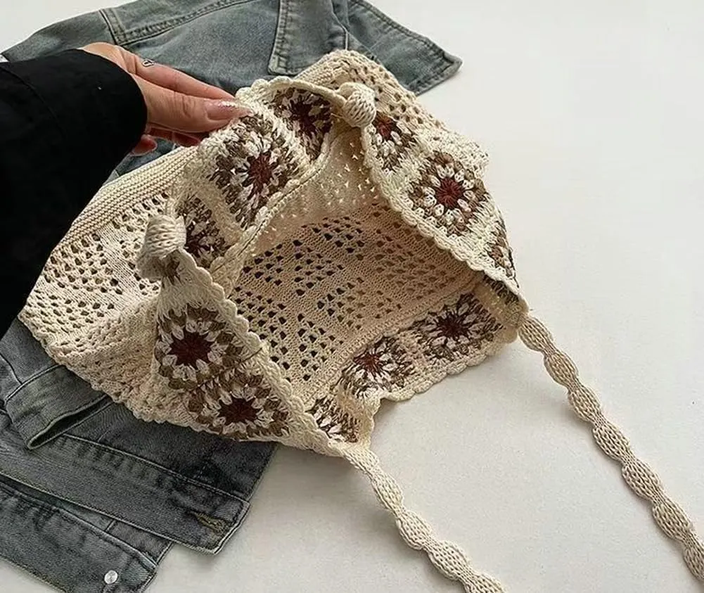 Bohemian Crochet Beach Bag Women Hobo Shoulder Purse Tote Handbags Woven Hollow Design with Flower Patterns 2025