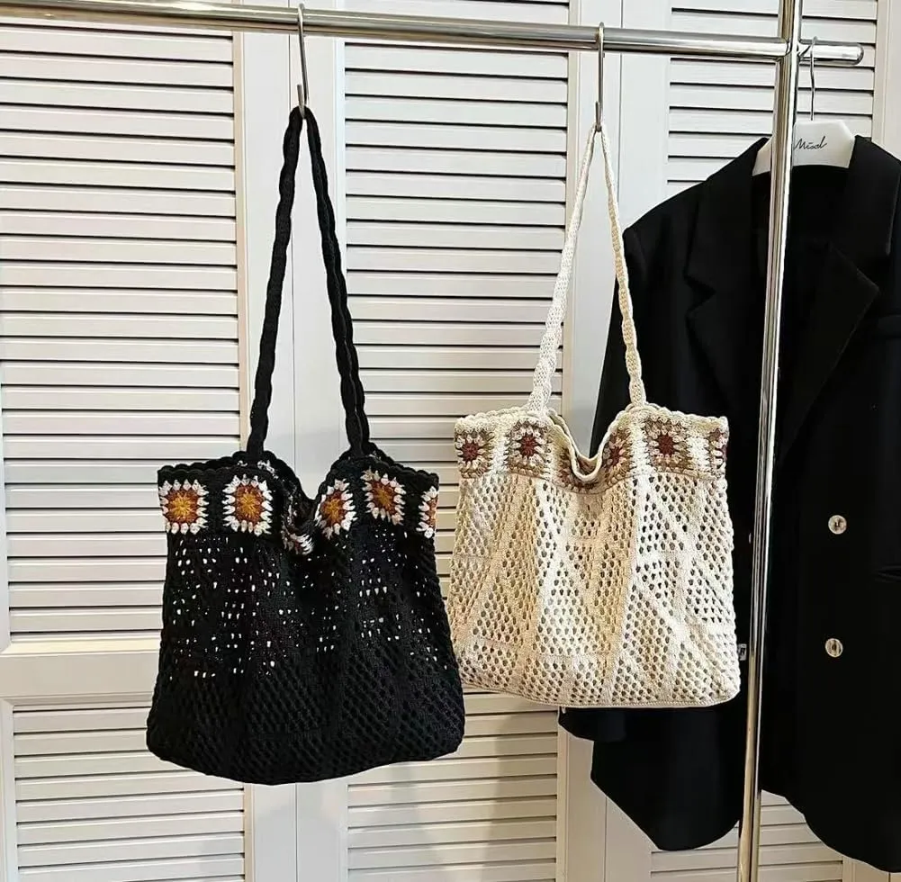 Bohemian Crochet Beach Bag Women Hobo Shoulder Purse Tote Handbags Woven Hollow Design with Flower Patterns 2025