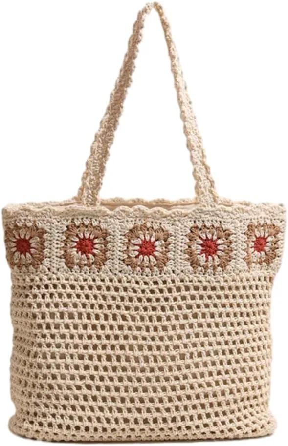 Bohemian Crochet Beach Bag Women Hobo Shoulder Purse Tote Handbags Woven Hollow Design with Flower Patterns 2025
