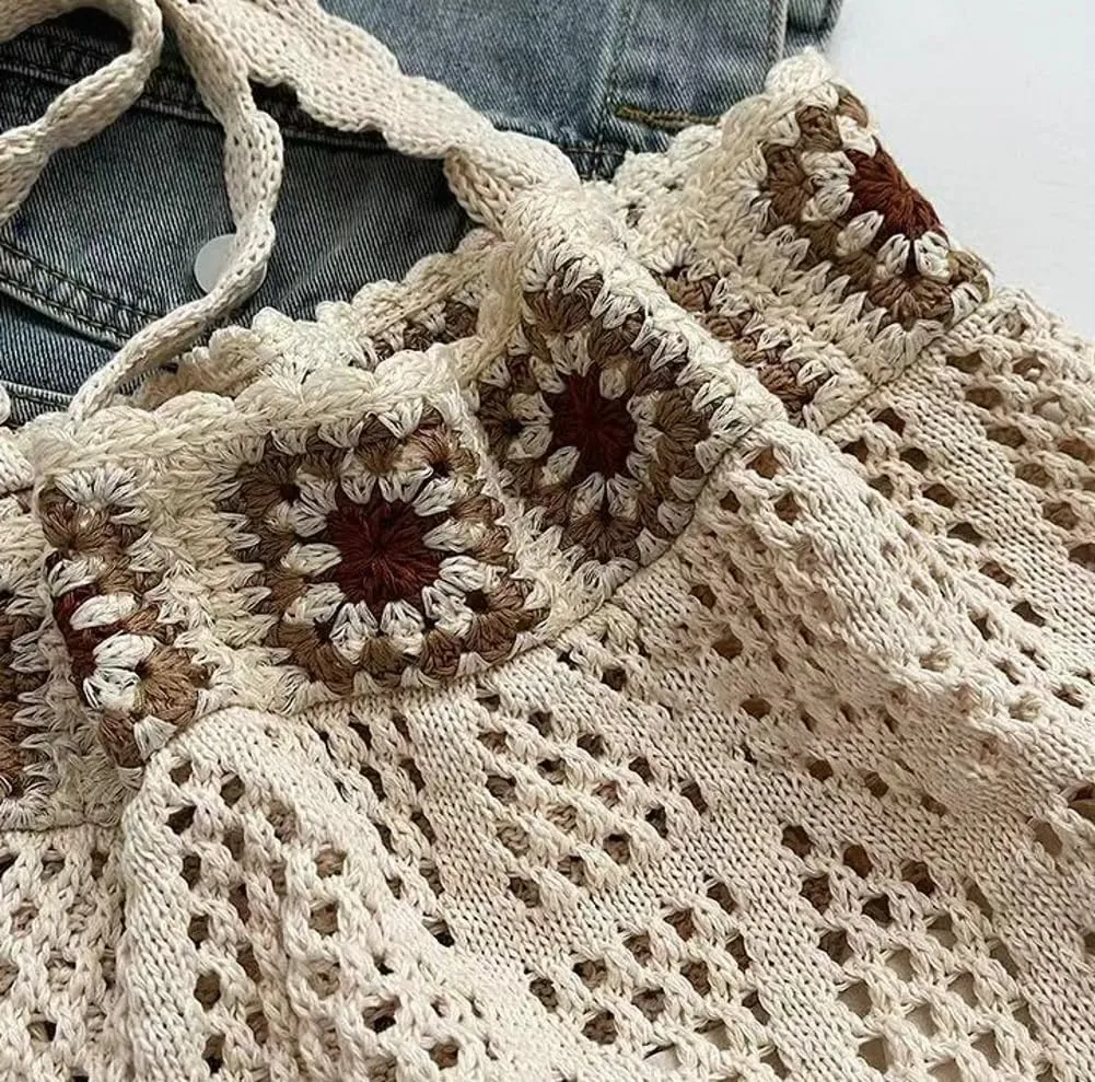 Bohemian Crochet Beach Bag Women Hobo Shoulder Purse Tote Handbags Woven Hollow Design with Flower Patterns 2025