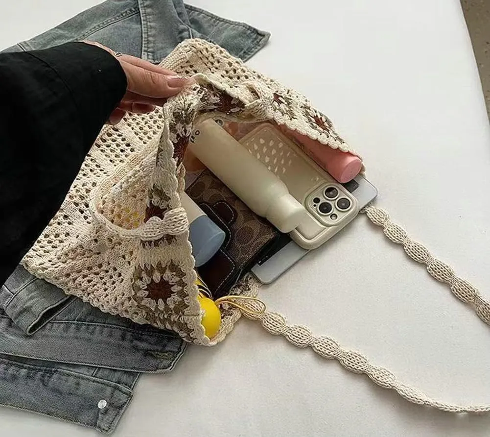 Bohemian Crochet Beach Bag Women Hobo Shoulder Purse Tote Handbags Woven Hollow Design with Flower Patterns 2025
