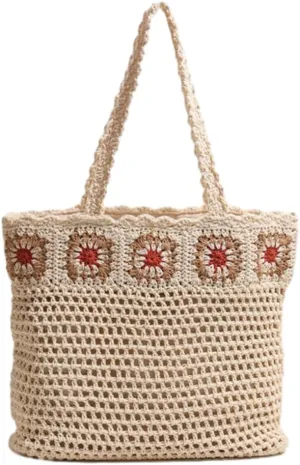 Bohemian Crochet Beach Bag Women Hobo Shoulder Purse Tote Handbags Woven Hollow Design with Flower Patterns 2025
