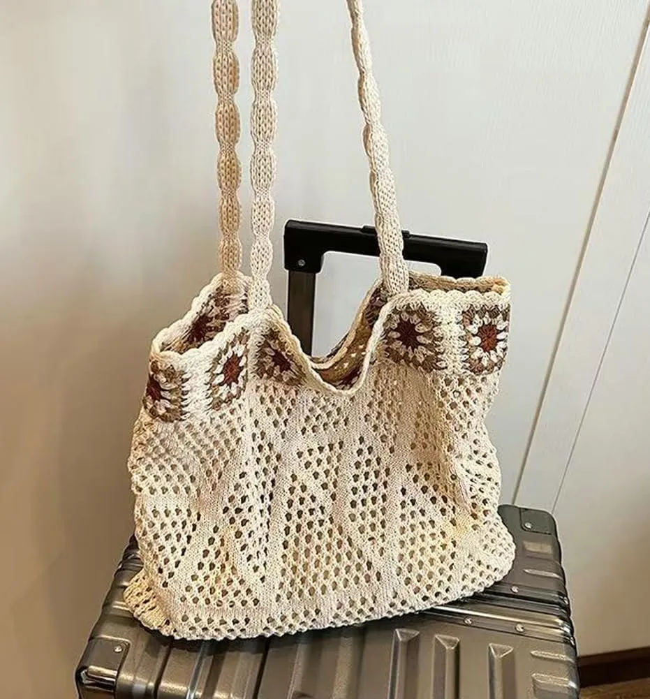 Bohemian Crochet Beach Bag Women Hobo Shoulder Purse Tote Handbags Woven Hollow Design with Flower Patterns 2025