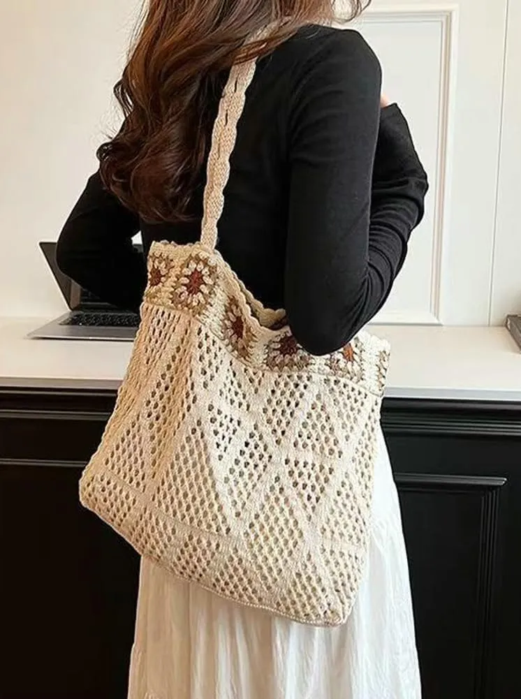 Bohemian Crochet Beach Bag Women Hobo Shoulder Purse Tote Handbags Woven Hollow Design with Flower Patterns 2025