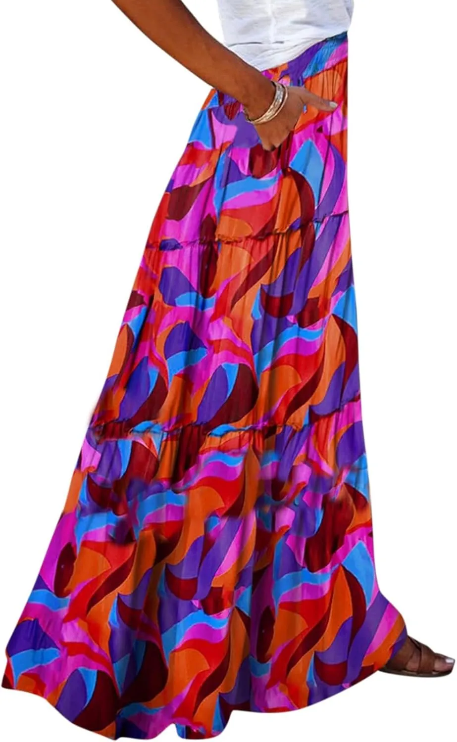 Boho Womens Tiered High Waist Tie Paisley Floral Print Long Maxi Skirt with Pockets