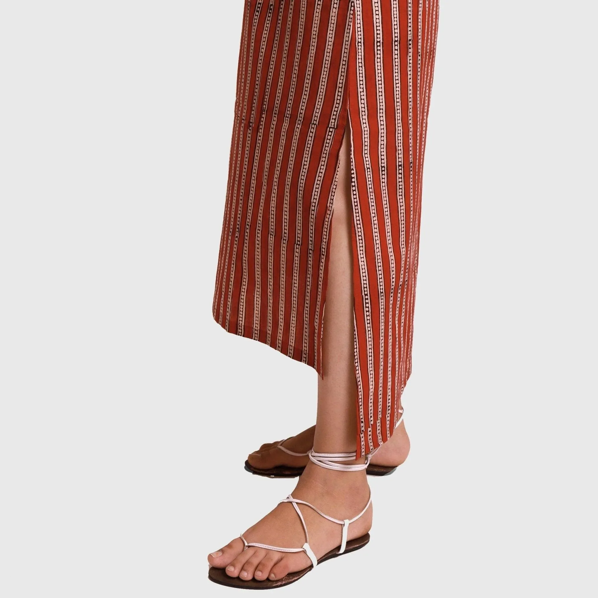 Brick Red Stripes Block Printed Cotton Maxi Dress