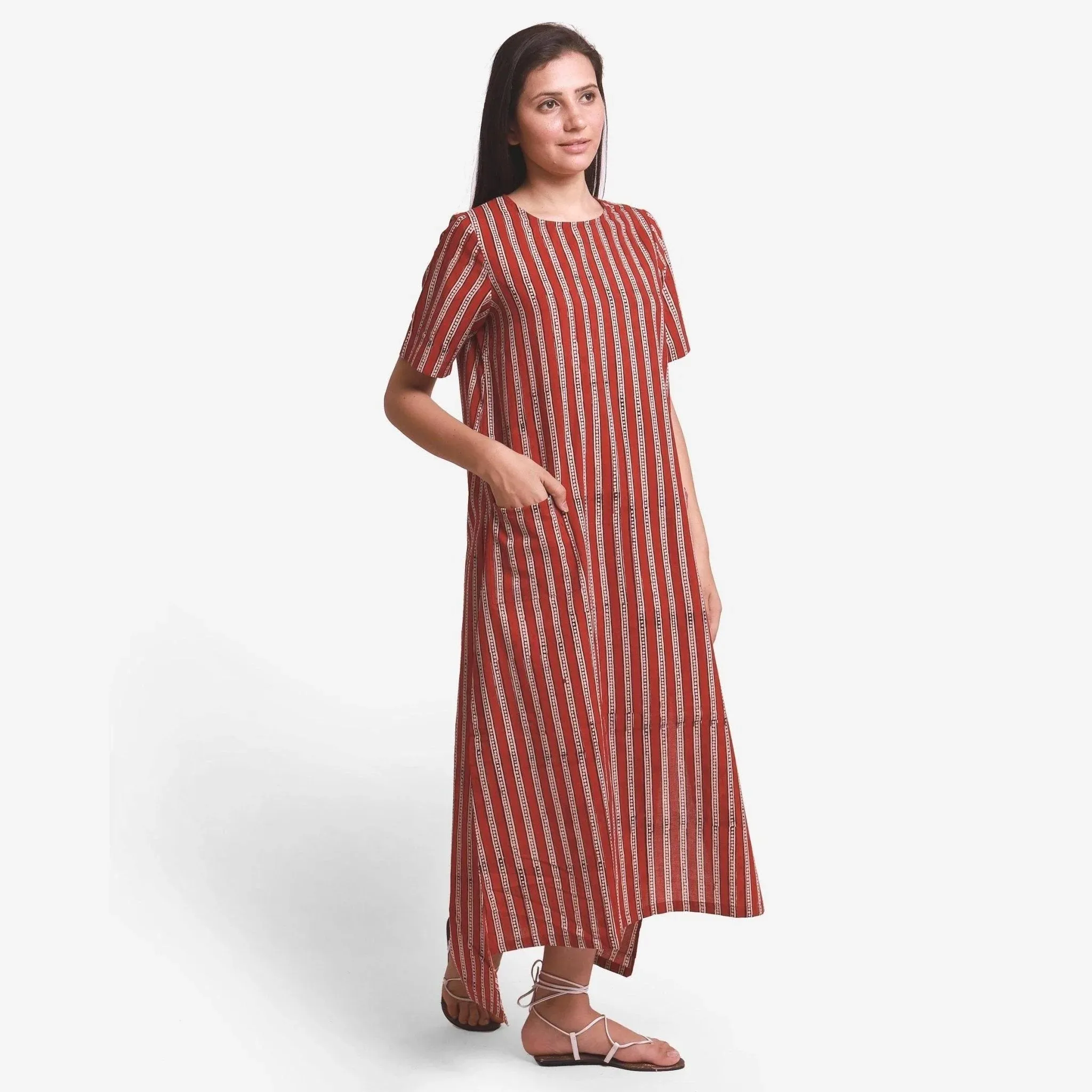 Brick Red Stripes Block Printed Cotton Maxi Dress