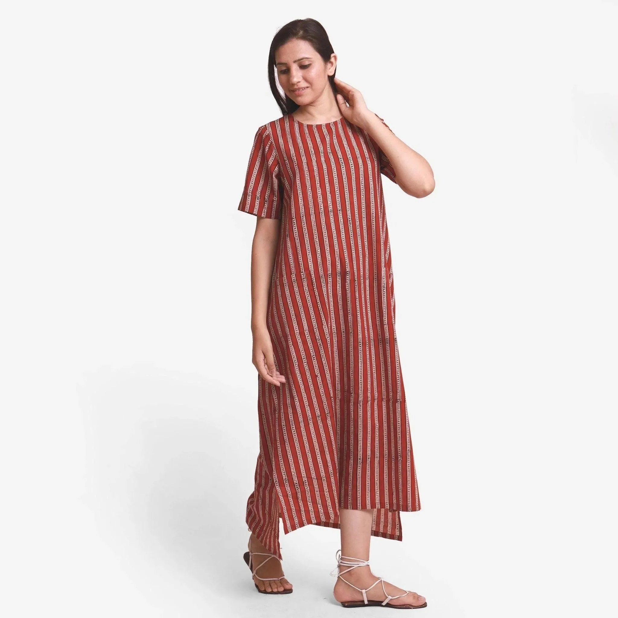Brick Red Stripes Block Printed Cotton Maxi Dress