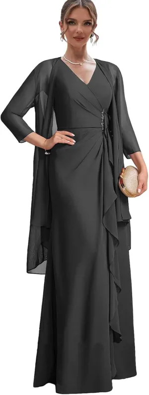 Chiffon Mother of The Bride Dresses for Wedding 2 Pieces Formal Dress with Jacket Long Evening Gown
