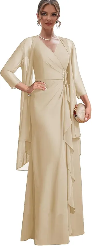 Chiffon Mother of The Bride Dresses for Wedding 2 Pieces Formal Dress with Jacket Long Evening Gown