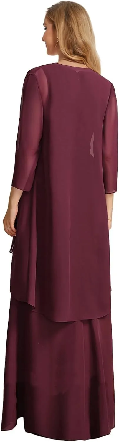 Chiffon Mother of The Bride Dresses for Wedding 2 Pieces Formal Dress with Jacket Long Evening Gown