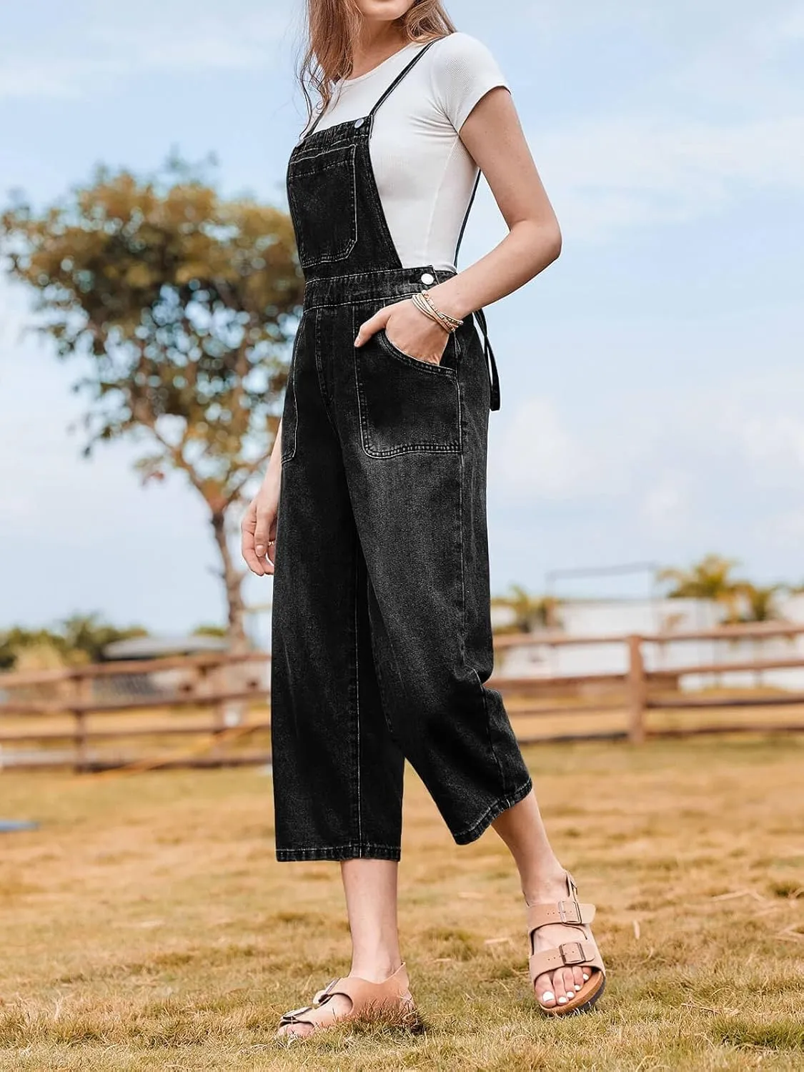 Cicy Bell Womens Baggy Denim Overalls Loose Fit Bib Adjustable Strap Capri Wide Leg Jean Jumpsuits
