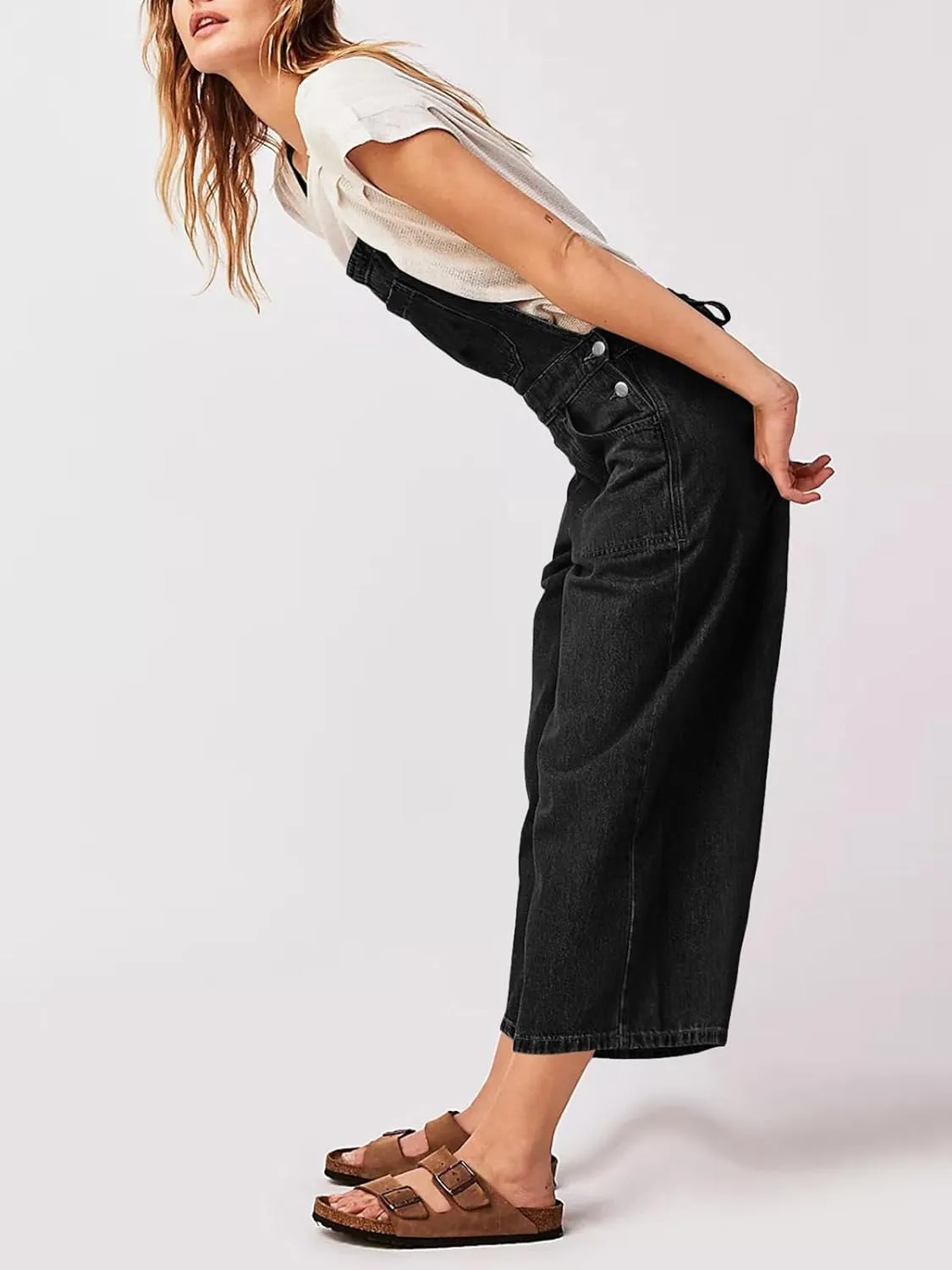 Cicy Bell Womens Baggy Denim Overalls Loose Fit Bib Adjustable Strap Capri Wide Leg Jean Jumpsuits