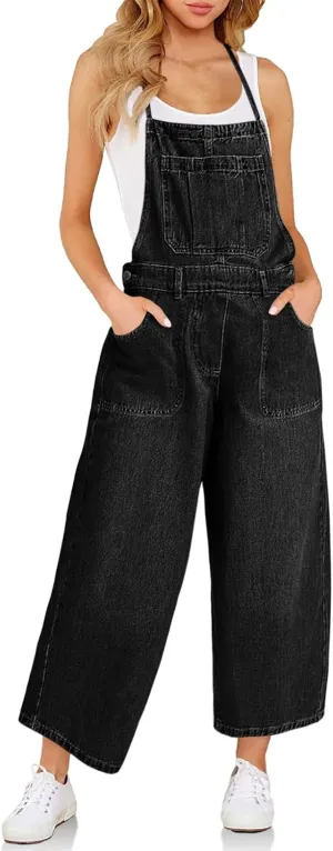 Cicy Bell Womens Baggy Denim Overalls Loose Fit Bib Adjustable Strap Capri Wide Leg Jean Jumpsuits
