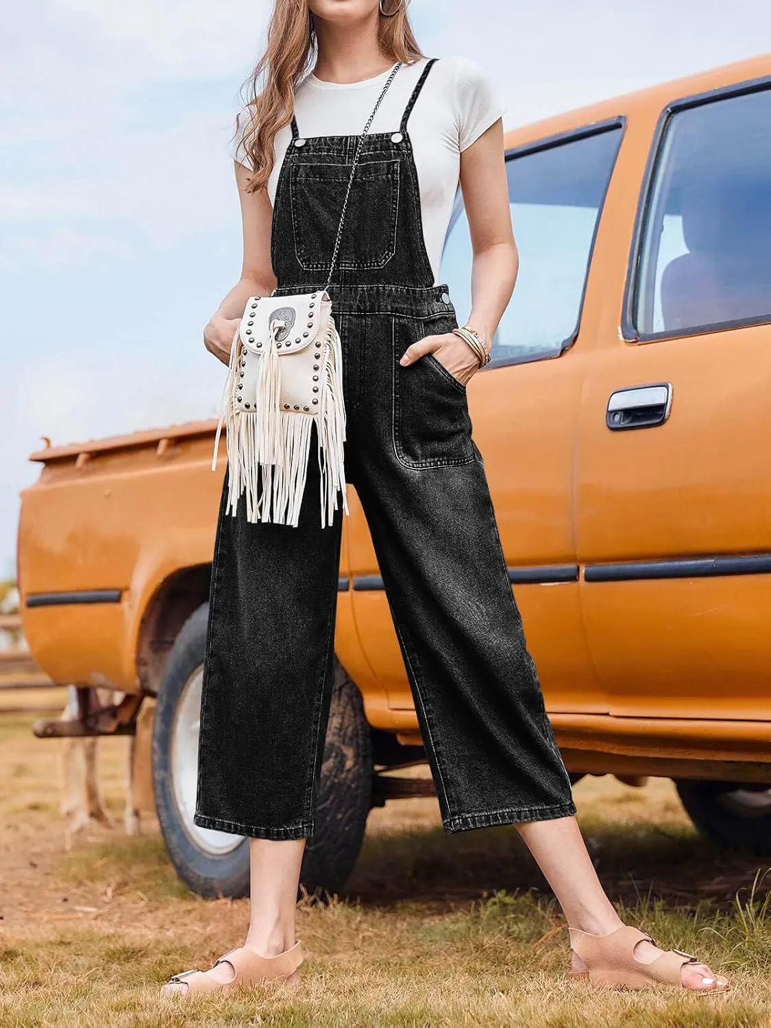 Cicy Bell Womens Baggy Denim Overalls Loose Fit Bib Adjustable Strap Capri Wide Leg Jean Jumpsuits