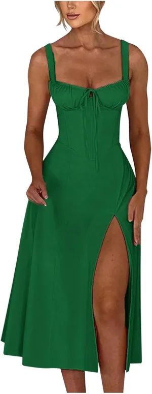 Corset Dress for Women 2024 Trendy Floral Printed Maix Dress Ruched Bust Cami Dress Side Split Flowy Long Sundress