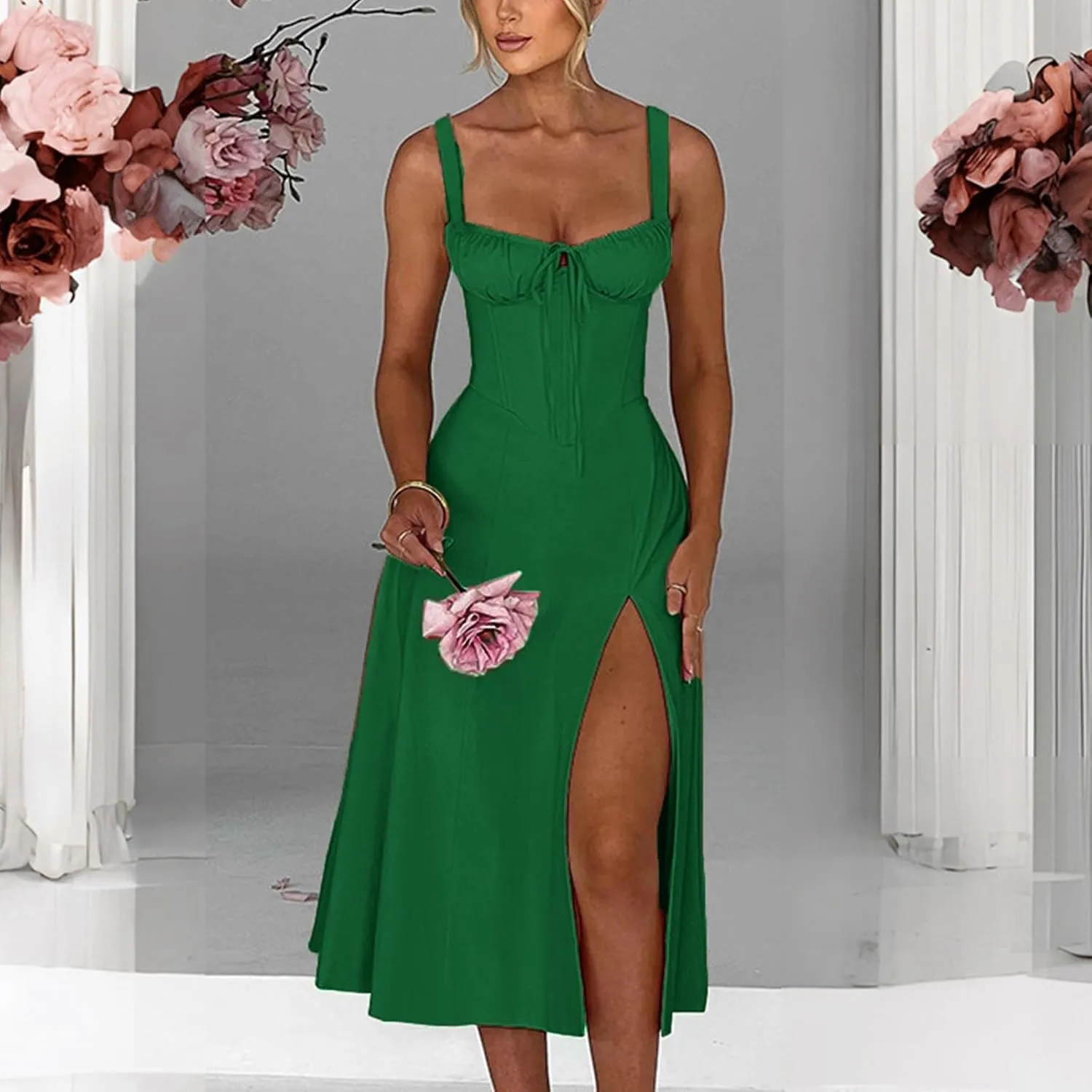 Corset Dress for Women 2024 Trendy Floral Printed Maix Dress Ruched Bust Cami Dress Side Split Flowy Long Sundress