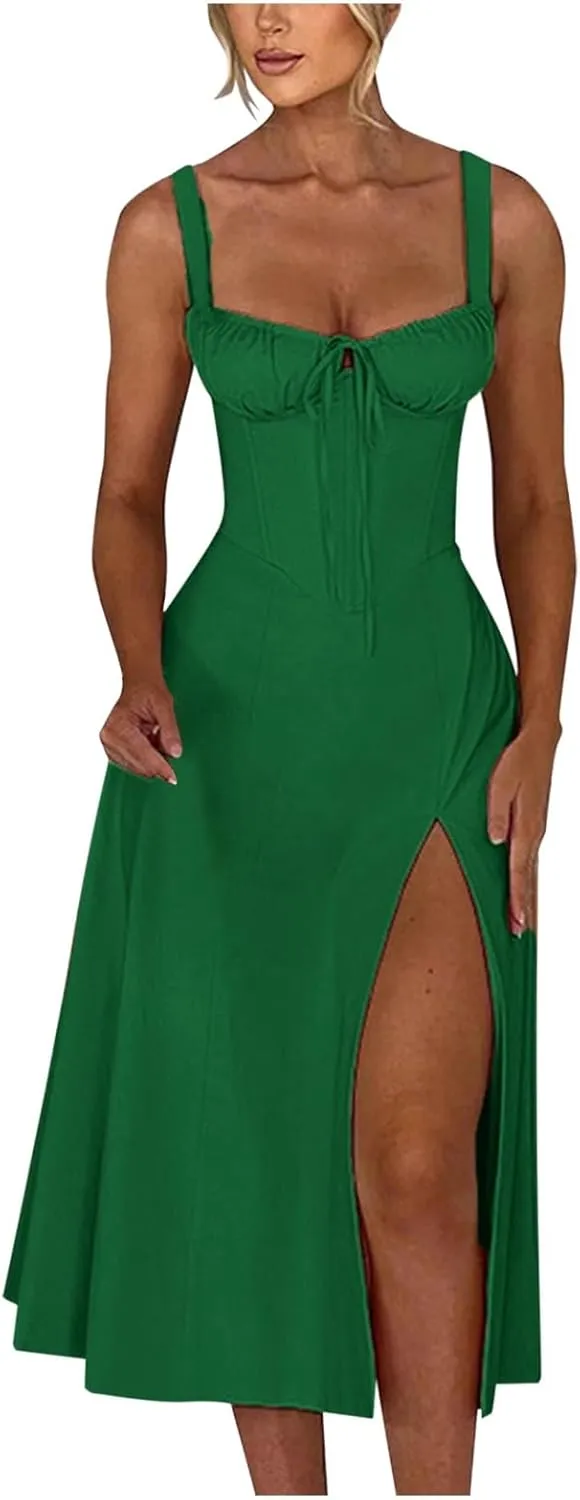 Corset Dress for Women 2024 Trendy Floral Printed Maix Dress Ruched Bust Cami Dress Side Split Flowy Long Sundress