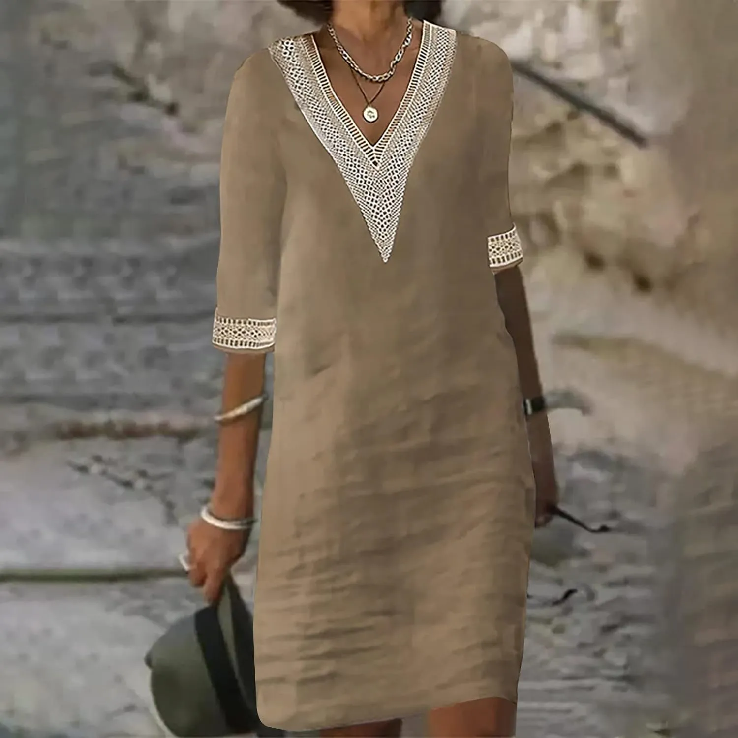 Cotton Linen Midi Dress for Women Hollow Out Deep V-Neck Half Sleeve Dresses 2025 Solid Color Casual Beach Dress