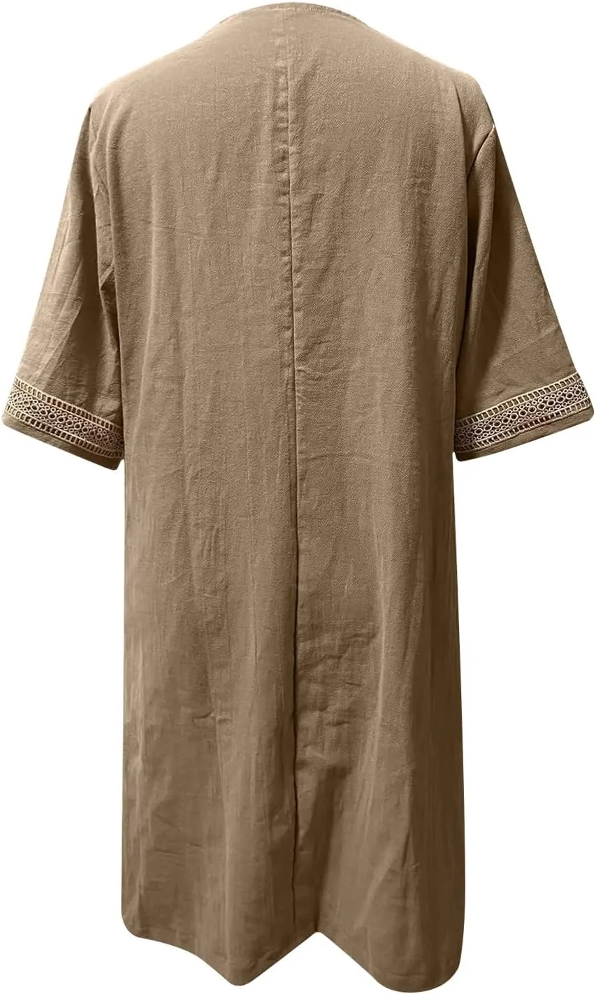 Cotton Linen Midi Dress for Women Hollow Out Deep V-Neck Half Sleeve Dresses 2025 Solid Color Casual Beach Dress