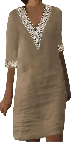 Cotton Linen Midi Dress for Women Hollow Out Deep V-Neck Half Sleeve Dresses 2025 Solid Color Casual Beach Dress