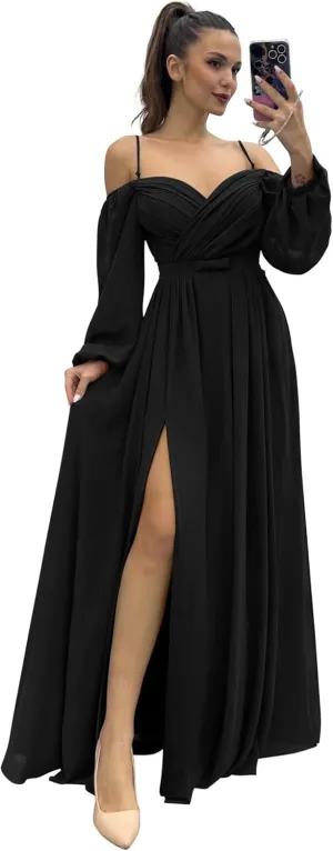 CWOAPO Long Sleeves Bridesmaid Dresses with Slit Off Shoulder Ruched Chiffon Formal Evening Party Dress for Wedding