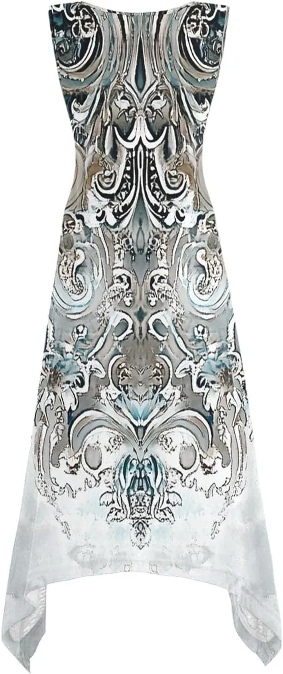 Dresses for Women 2025 Casual Summer Printed Sleeveless Crew Neck Flowy Sundersses Patchwork Beach Vacation Sundress