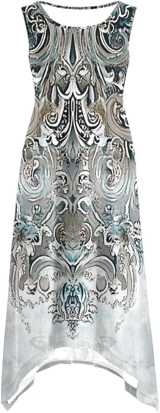Dresses for Women 2025 Casual Summer Printed Sleeveless Crew Neck Flowy Sundersses Patchwork Beach Vacation Sundress