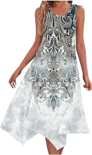 Dresses for Women 2025 Casual Summer Printed Sleeveless Crew Neck Flowy Sundersses Patchwork Beach Vacation Sundress