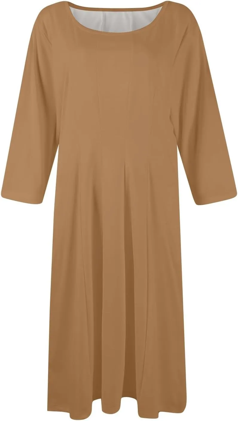 Dresses for Women Spring Round Neck 3/4 Sleeve Midi Dress A Line Pleated Solid Color Dresses