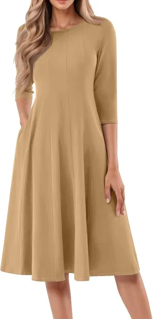 Dresses for Women Spring Round Neck 3/4 Sleeve Midi Dress A Line Pleated Solid Color Dresses