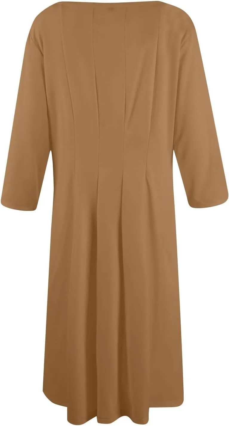 Dresses for Women Spring Round Neck 3/4 Sleeve Midi Dress A Line Pleated Solid Color Dresses