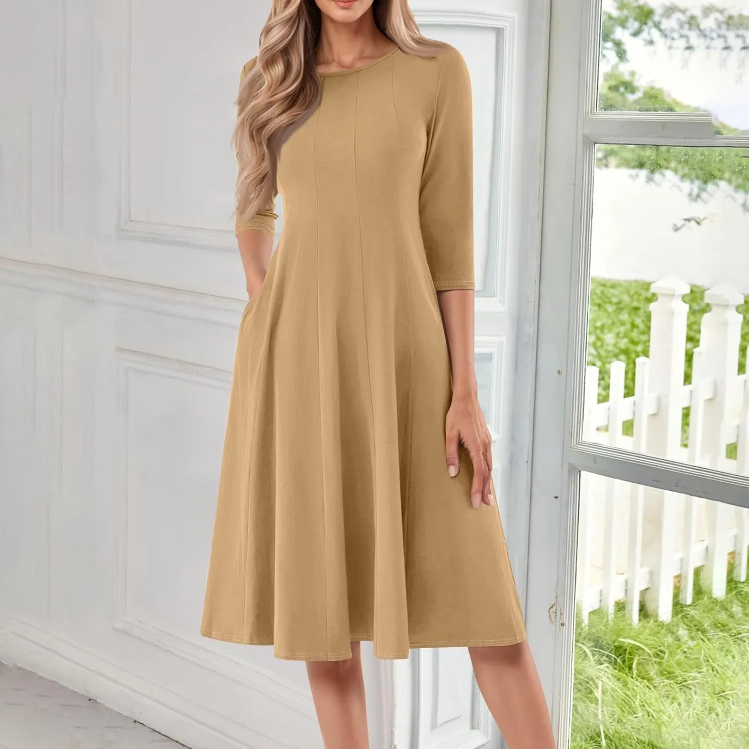 Dresses for Women Spring Round Neck 3/4 Sleeve Midi Dress A Line Pleated Solid Color Dresses