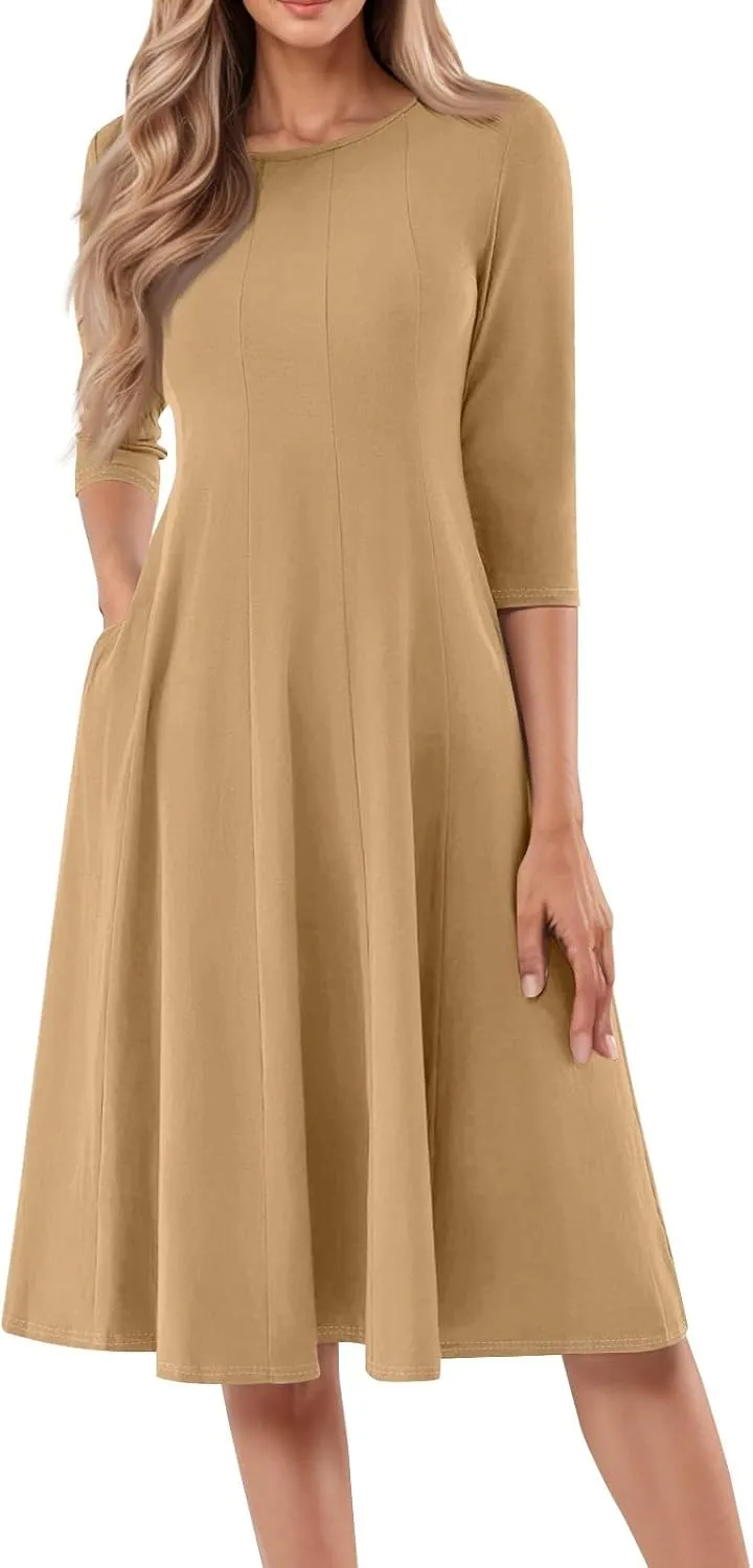 Dresses for Women Spring Round Neck 3/4 Sleeve Midi Dress A Line Pleated Solid Color Dresses