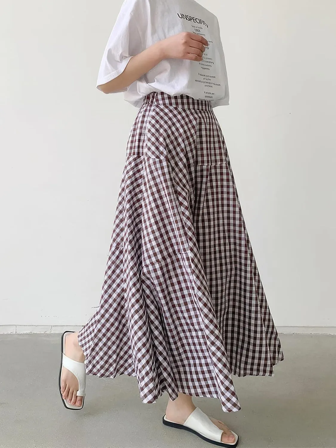 ebossy Women's Casual Retro Plaid A-Line Swing Boho Skirts Elastic Waist Flared Gingham Long Skirts