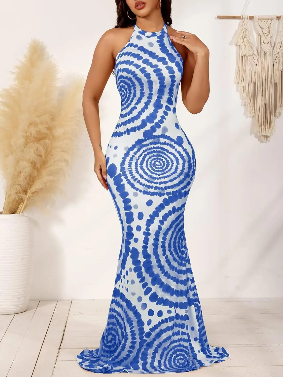 EDITCOZY Women Sexy Bodycon Maxi Dress Tie Dye Beach Summer Dresses Halter Backless Vacation Long Sundress