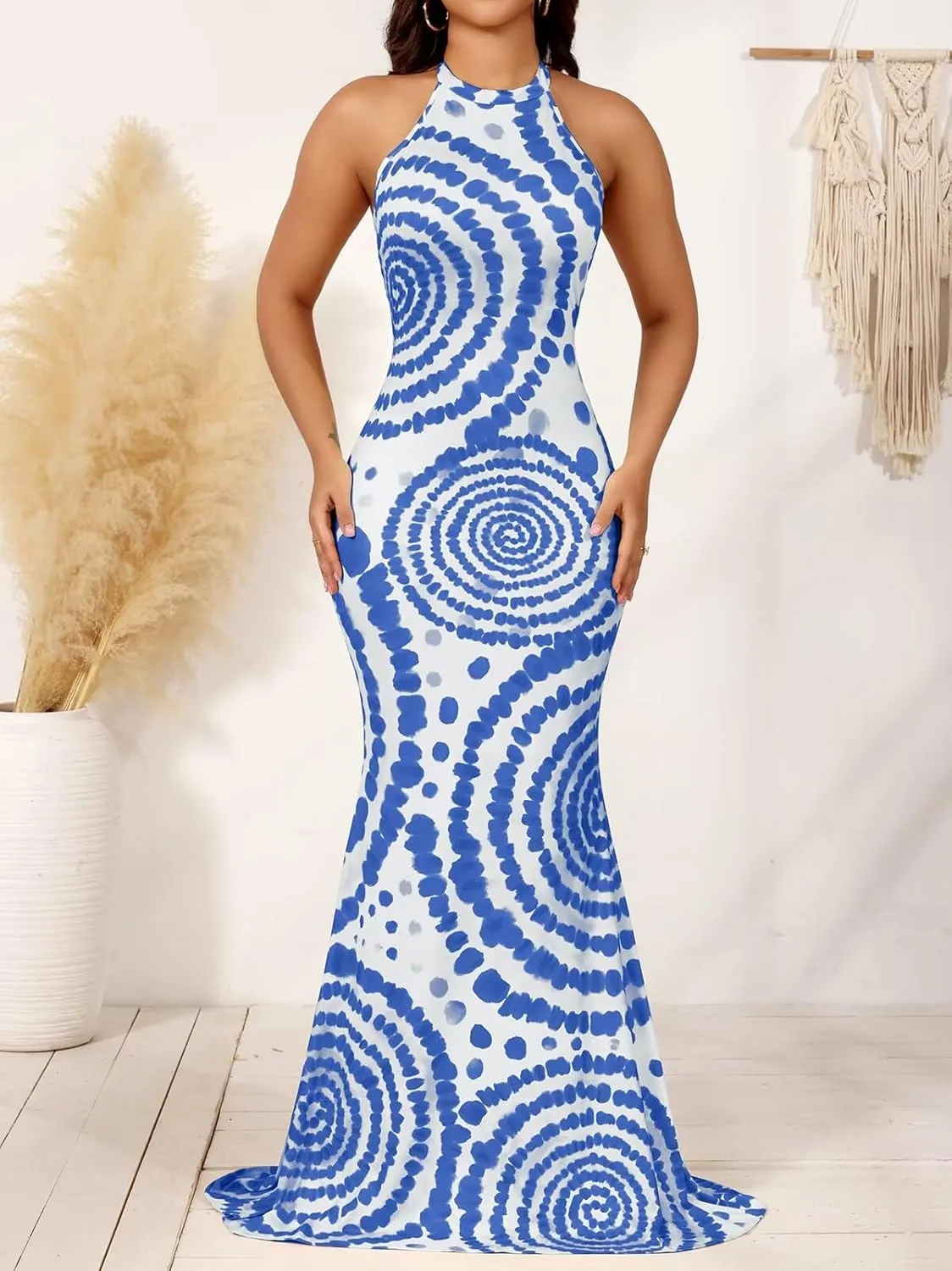 EDITCOZY Women Sexy Bodycon Maxi Dress Tie Dye Beach Summer Dresses Halter Backless Vacation Long Sundress