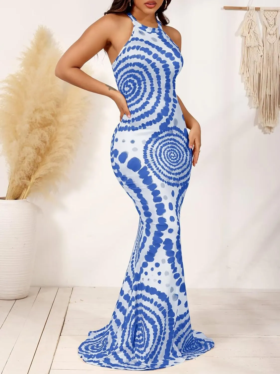 EDITCOZY Women Sexy Bodycon Maxi Dress Tie Dye Beach Summer Dresses Halter Backless Vacation Long Sundress