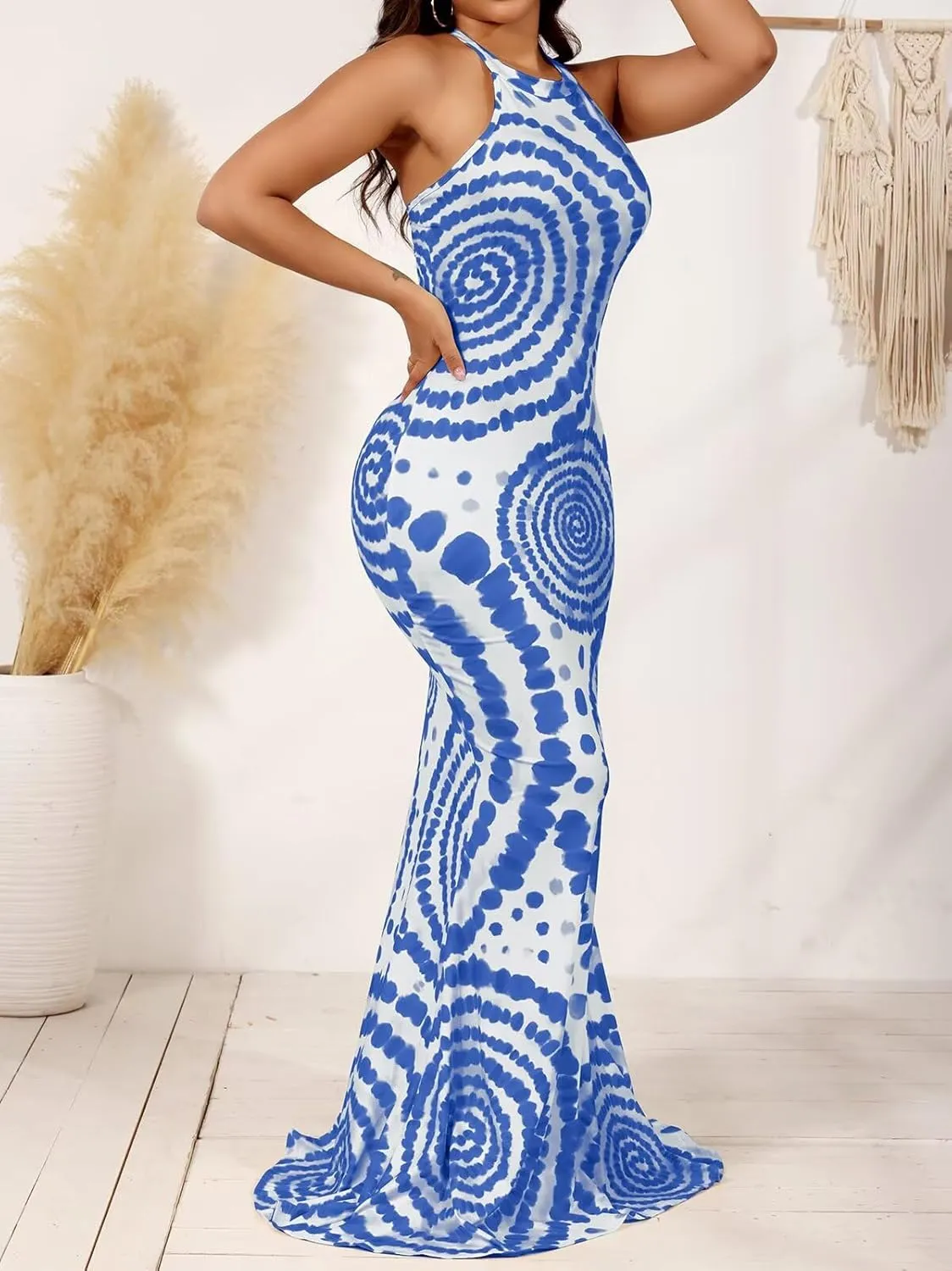 EDITCOZY Women Sexy Bodycon Maxi Dress Tie Dye Beach Summer Dresses Halter Backless Vacation Long Sundress