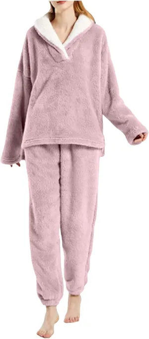 Fleece Pajamas Set for Women Soft Comfy Pullover Pants Loose Plush Sleepwear Two Piece Fuzzy Warm Loungewear for